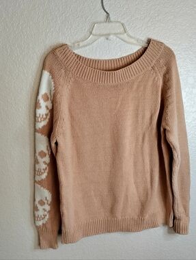 Skull Cashmere Tan Sweater Skull Print Sleeve Sz M